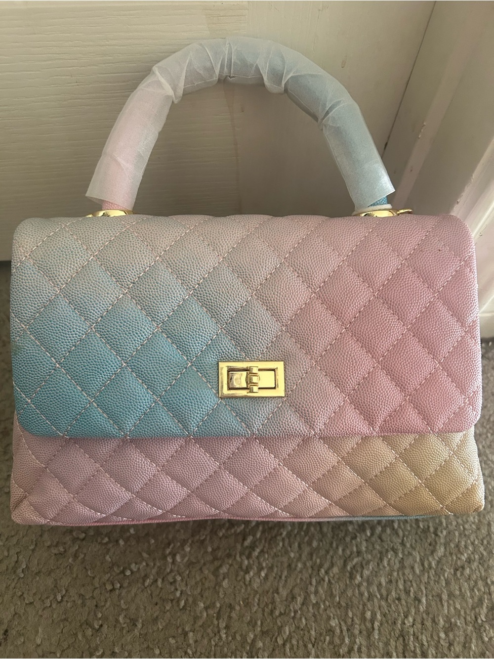 Pastel Ombre Quilted Top-Handle Bag - Pink Blue Cream REAL TOP GRAINED COWHIDE